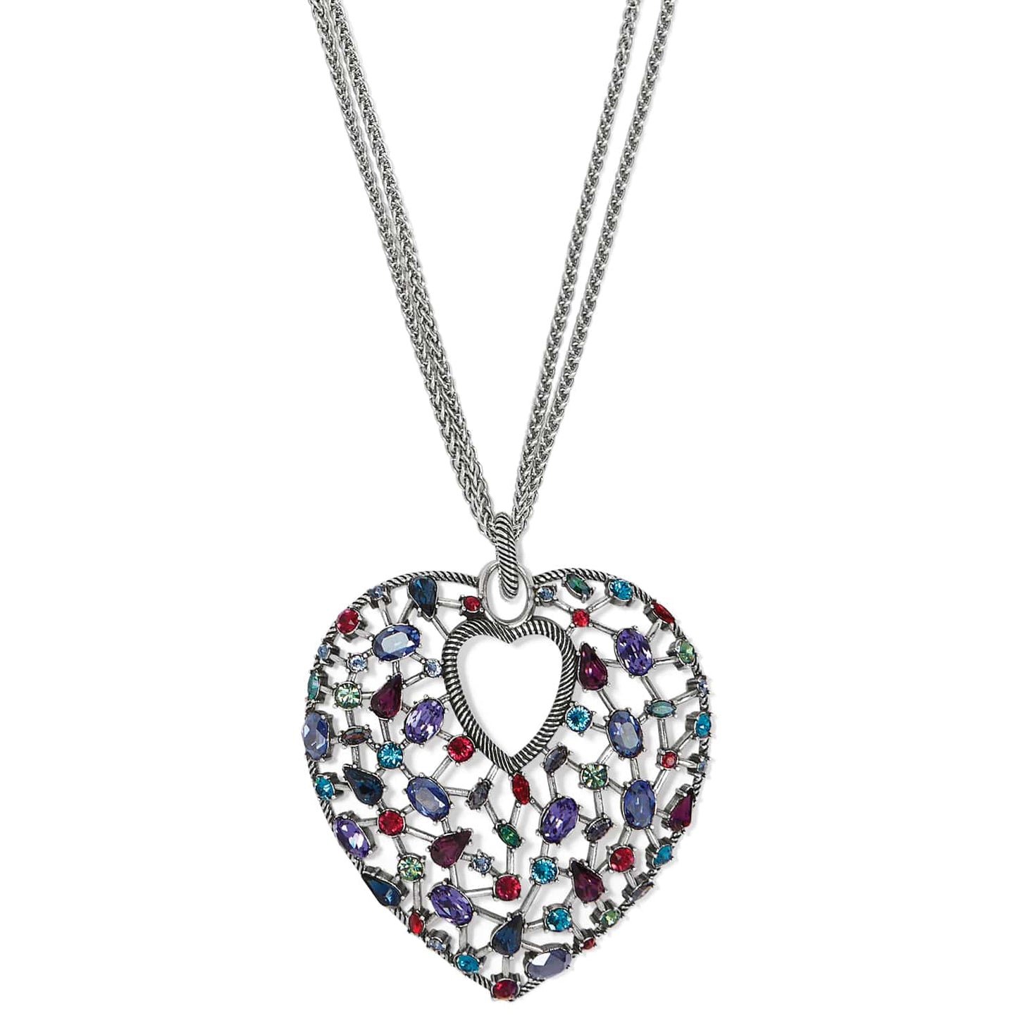 Brighton heart pendant necklace with multicolored crystals and silver-plated chain on a white background