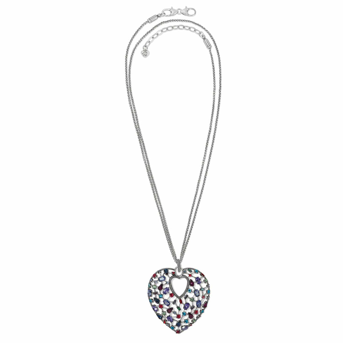 Brighton heart pendant necklace with multicolor crystals and silver-plated openwork frame on a white background