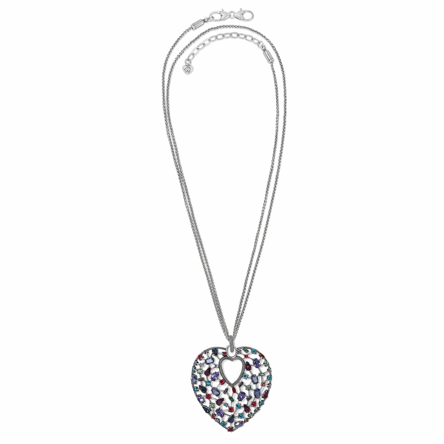Brighton heart pendant necklace with multicolor crystals and silver-plated openwork frame on a white background