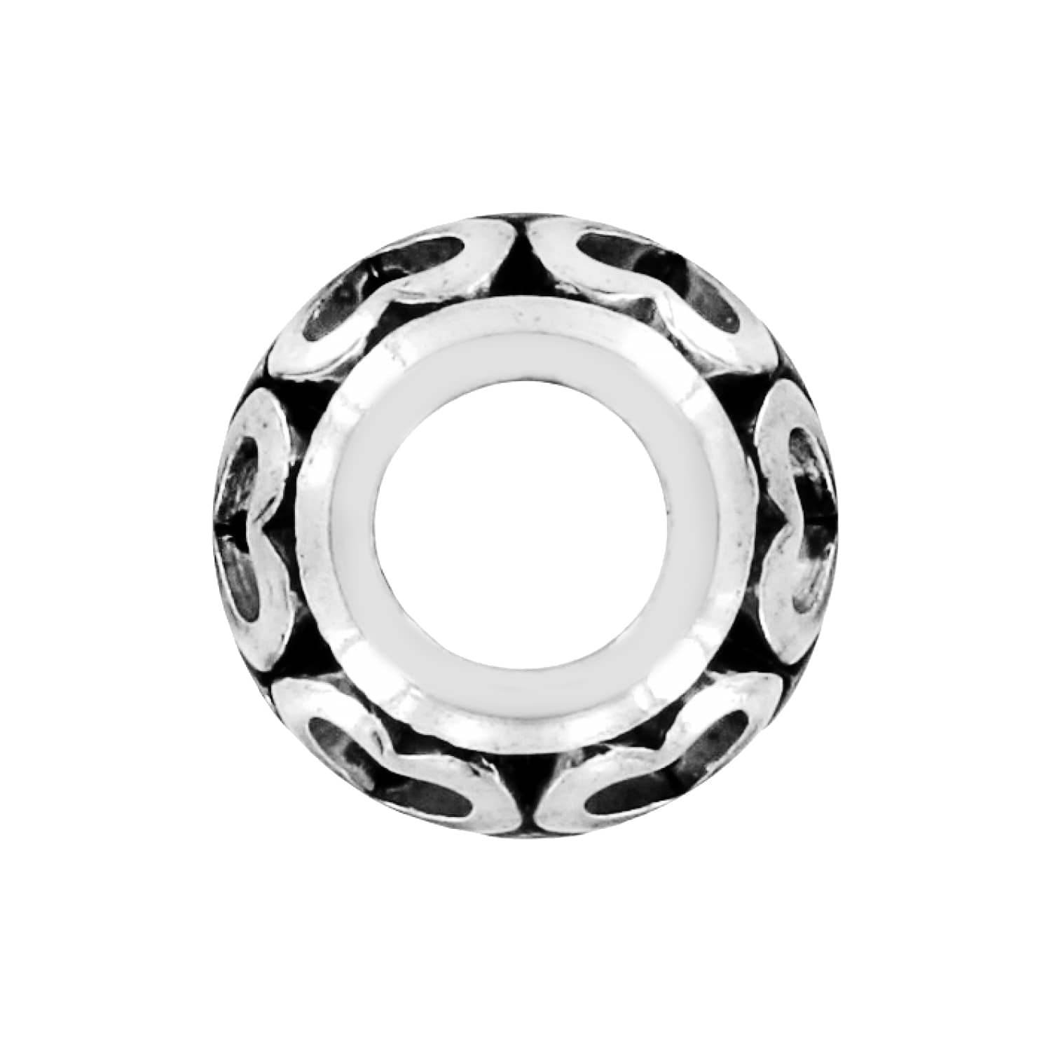 Brighton silver-plated bead charm with openwork scroll pattern around a polished center opening on a white background