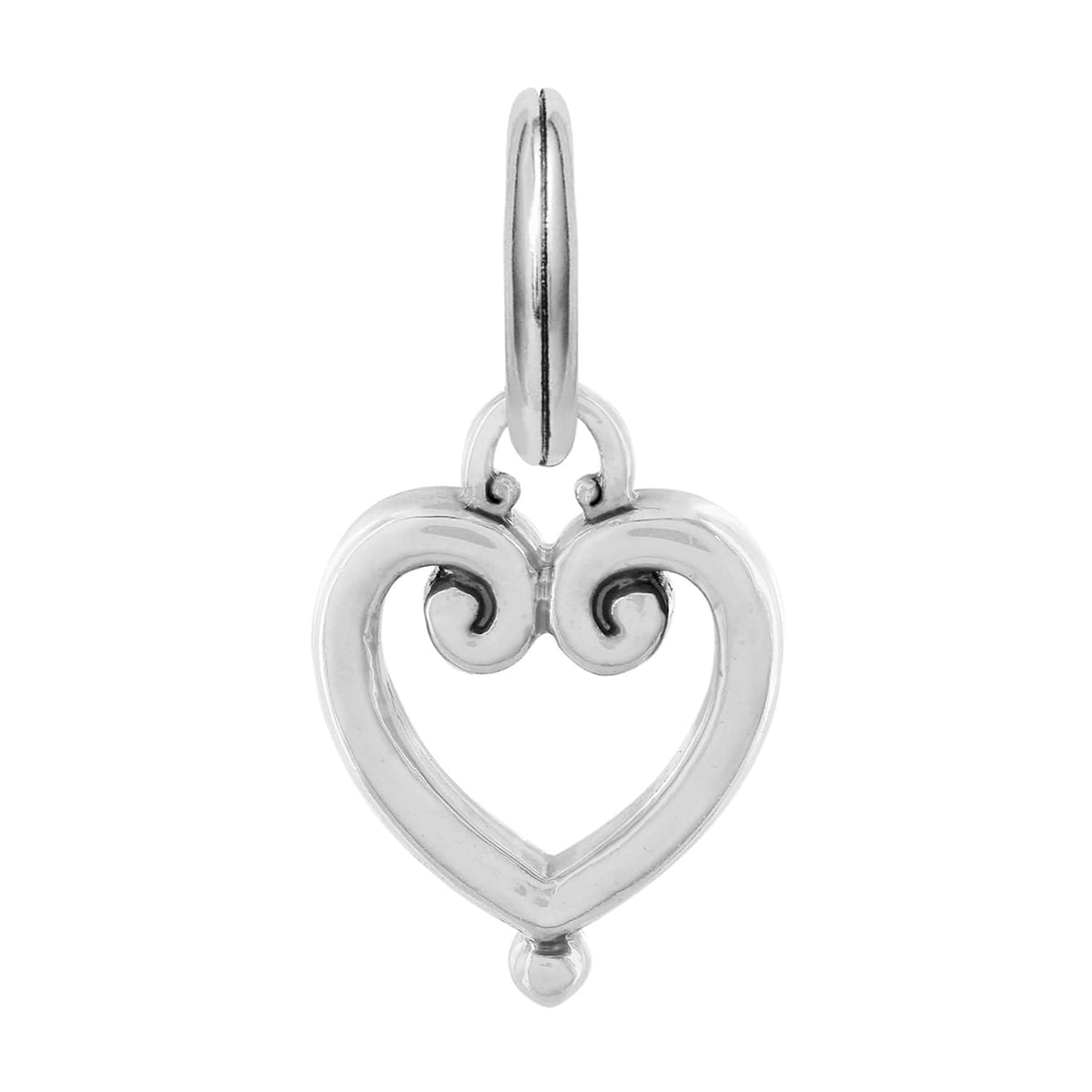 Brighton heart charm with silver-plated open scrollwork design and split ring on a white background