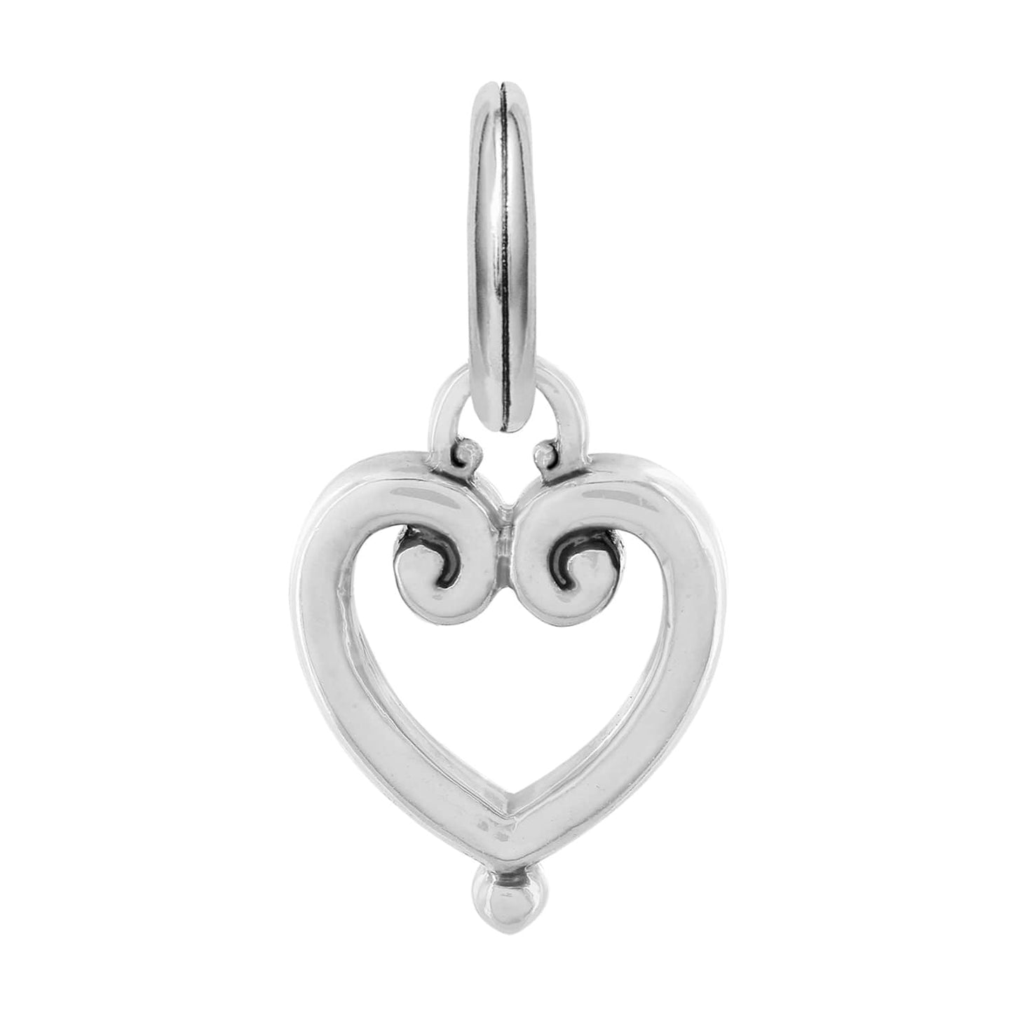 Brighton heart charm with silver-plated open scrollwork design and split ring on a white background