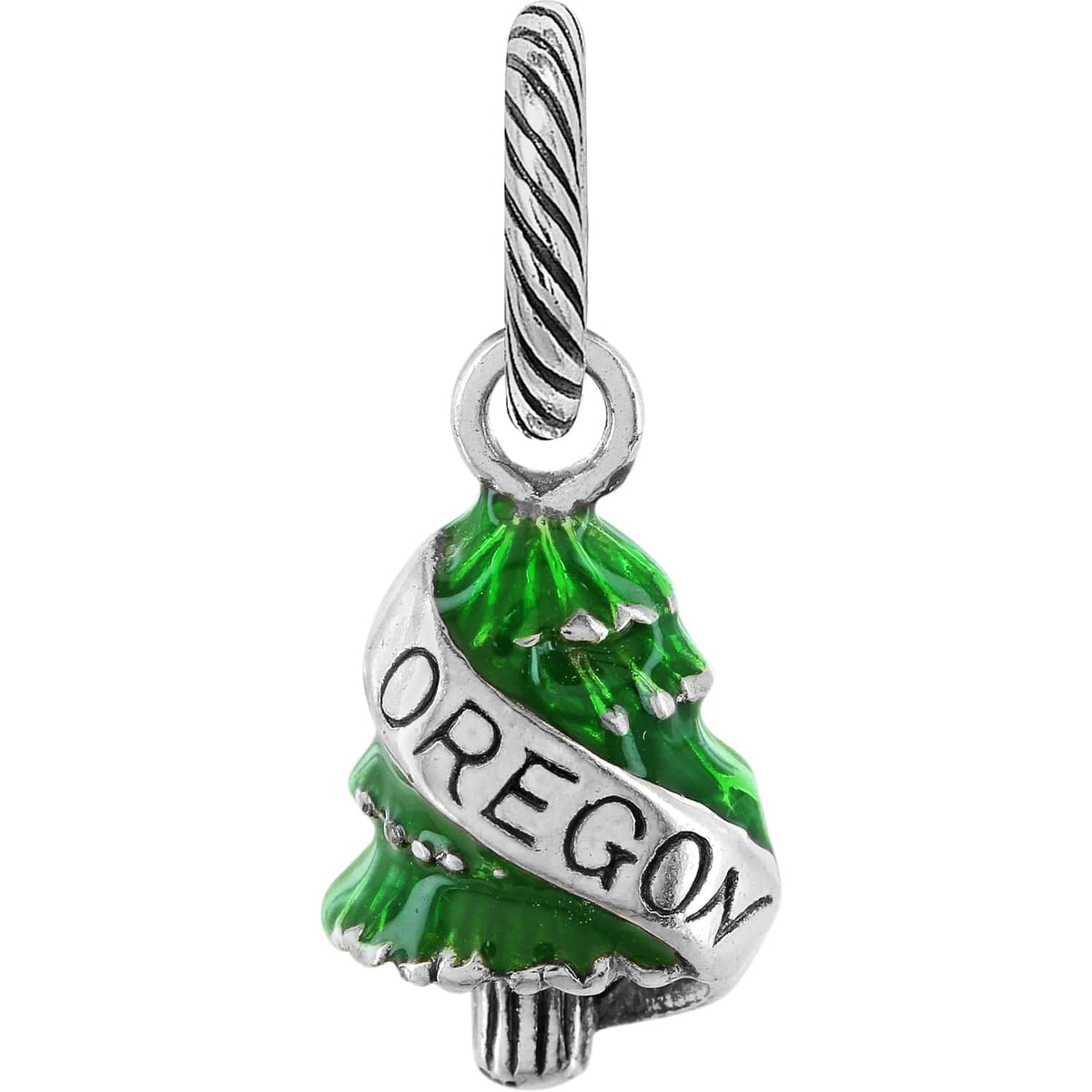 Brighton tree charm with green enamel finish and silver-tone Oregon banner detail on a white background
