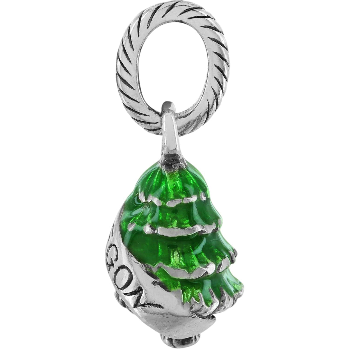 Brighton Christmas tree charm with green enamel finish, silver-tone garland details, and rope-textured bail on a white background