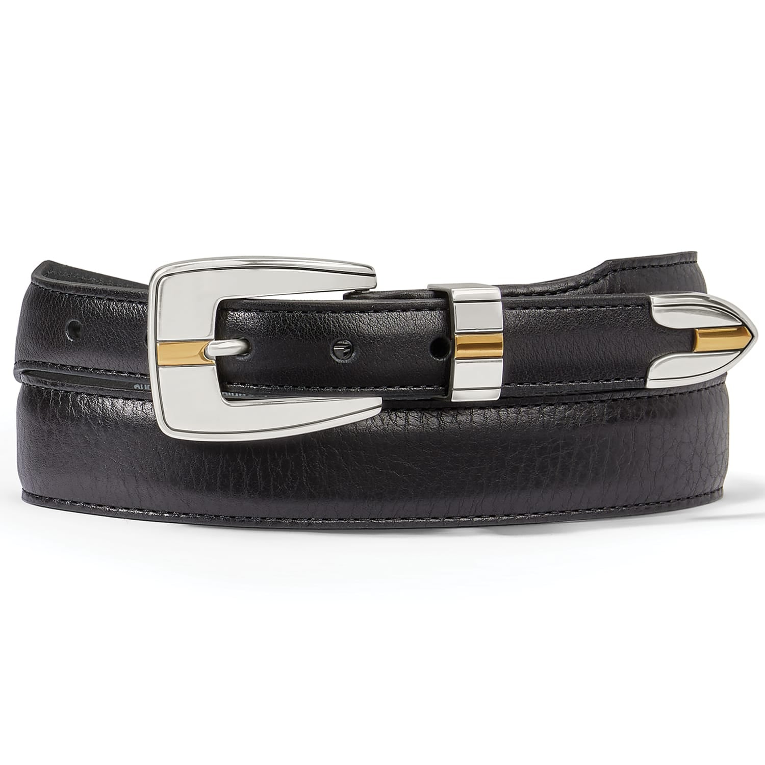 Brighton black leather belt with silver-tone buckle, gold accents, and pointed metal tip on a white background