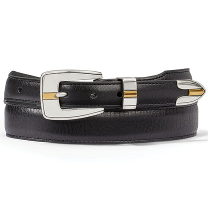 Brighton black leather belt with silver-tone buckle, gold accents, and pointed metal tip on a white background