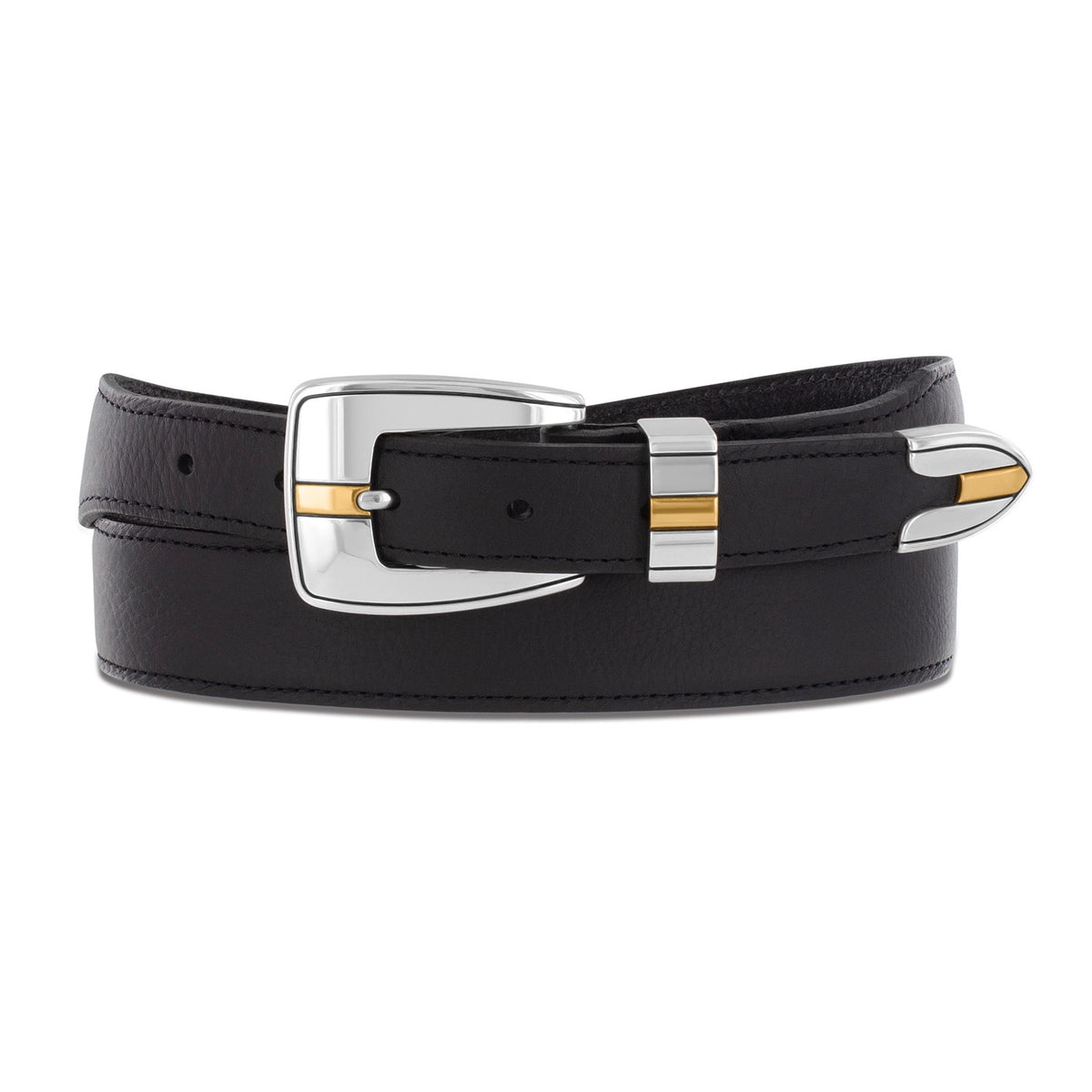 Brighton black leather belt with silver-tone buckle, keeper loop, and tip with gold-tone accents on a white background