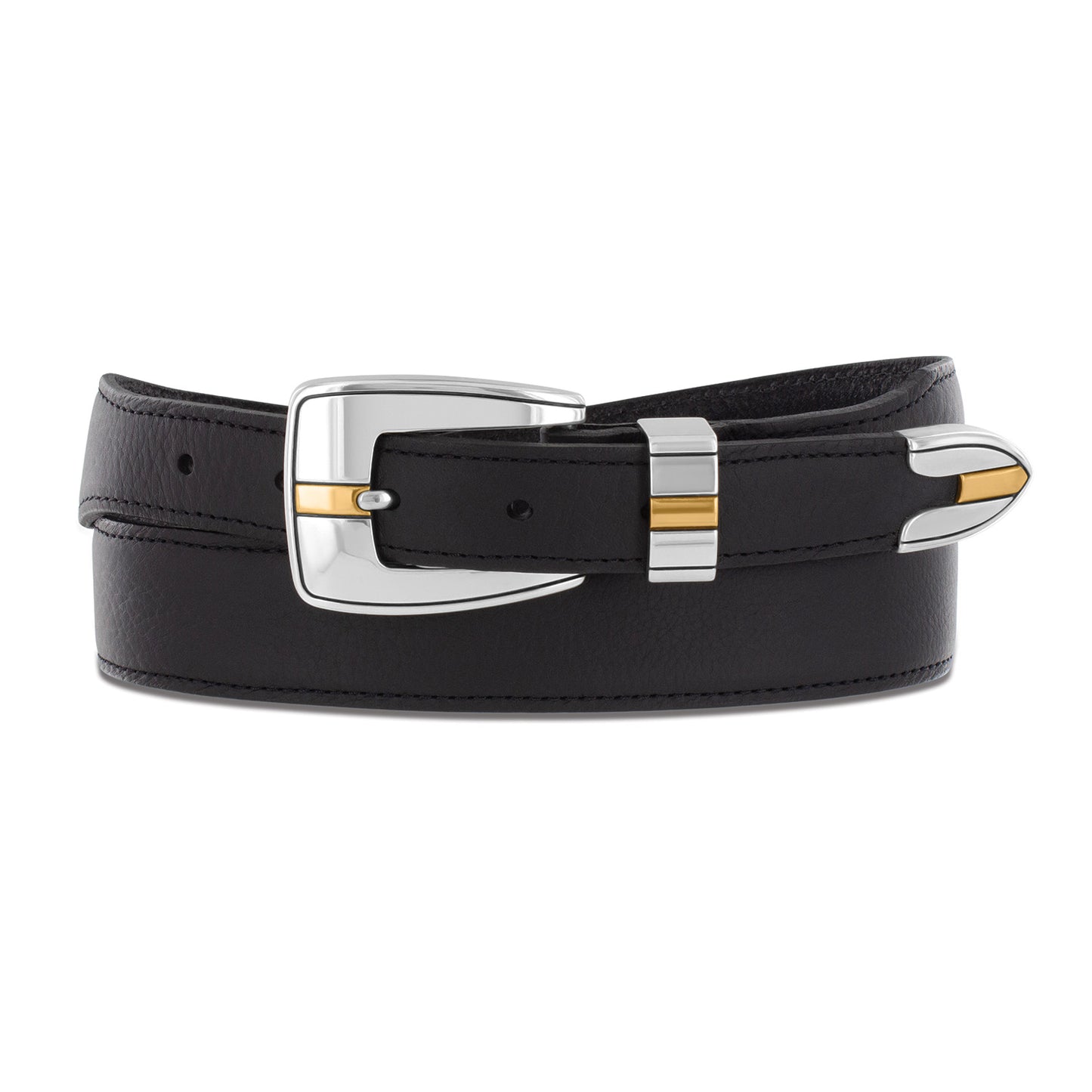 Brighton black leather belt with silver-tone buckle, keeper loop, and tip with gold-tone accents on a white background