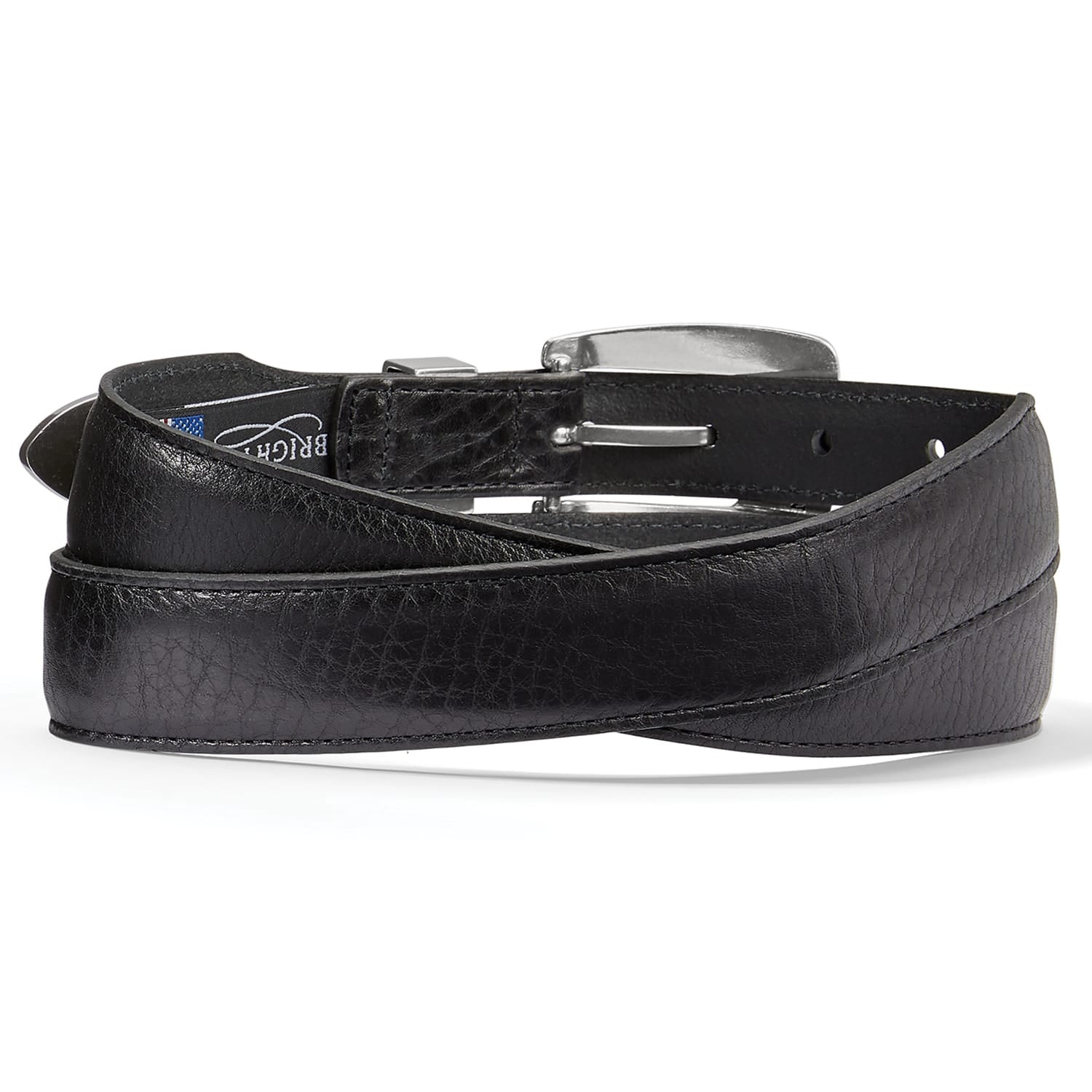Brighton black leather belt coiled with silver-tone buckle and stitched edge detail on a white background