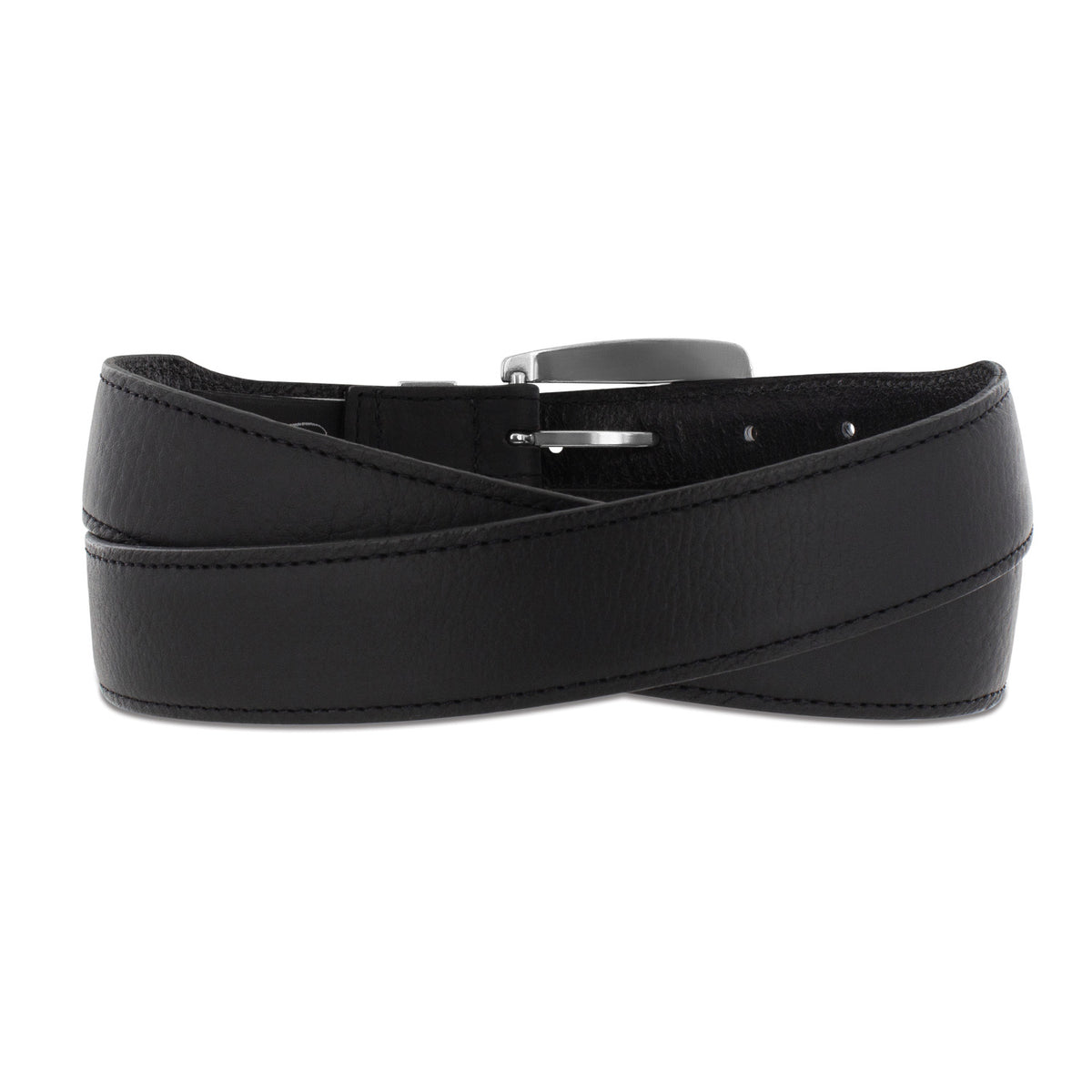 Brighton black leather belt coiled with stitched edges and silver-tone buckle on a white background