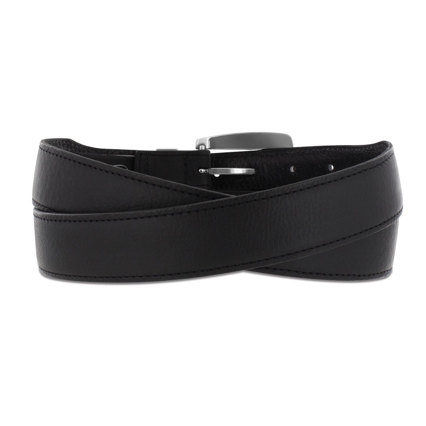 Brighton black leather belt coiled with stitched edges and silver-tone buckle on a white background