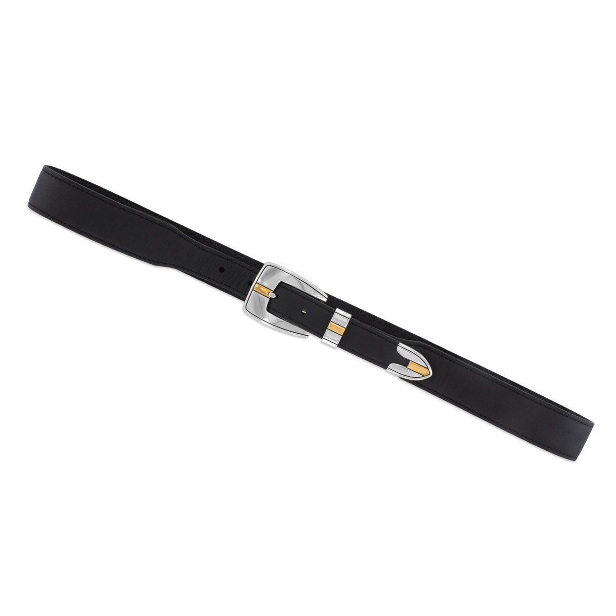 Brighton black leather belt with silver-tone buckle, gold accents, and decorative keeper loop on a white background