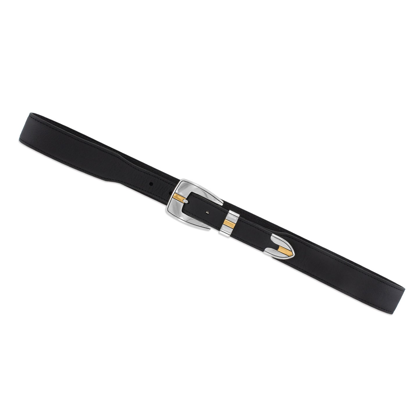 Brighton black leather belt with silver-tone buckle, gold accents, and decorative keeper loop on a white background