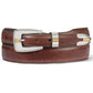 Brighton brown leather belt with silver-tone buckle, keeper, and tip featuring gold accents on a white background