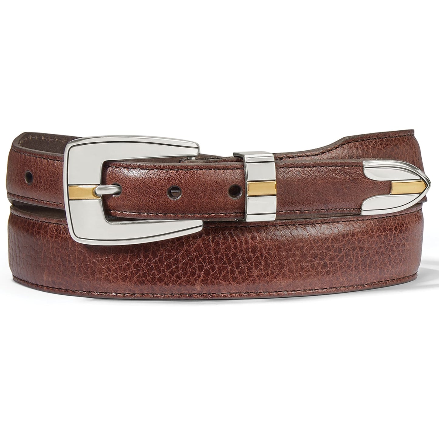 Brighton brown leather belt with silver-tone buckle, keeper, and tip featuring gold accents on a white background