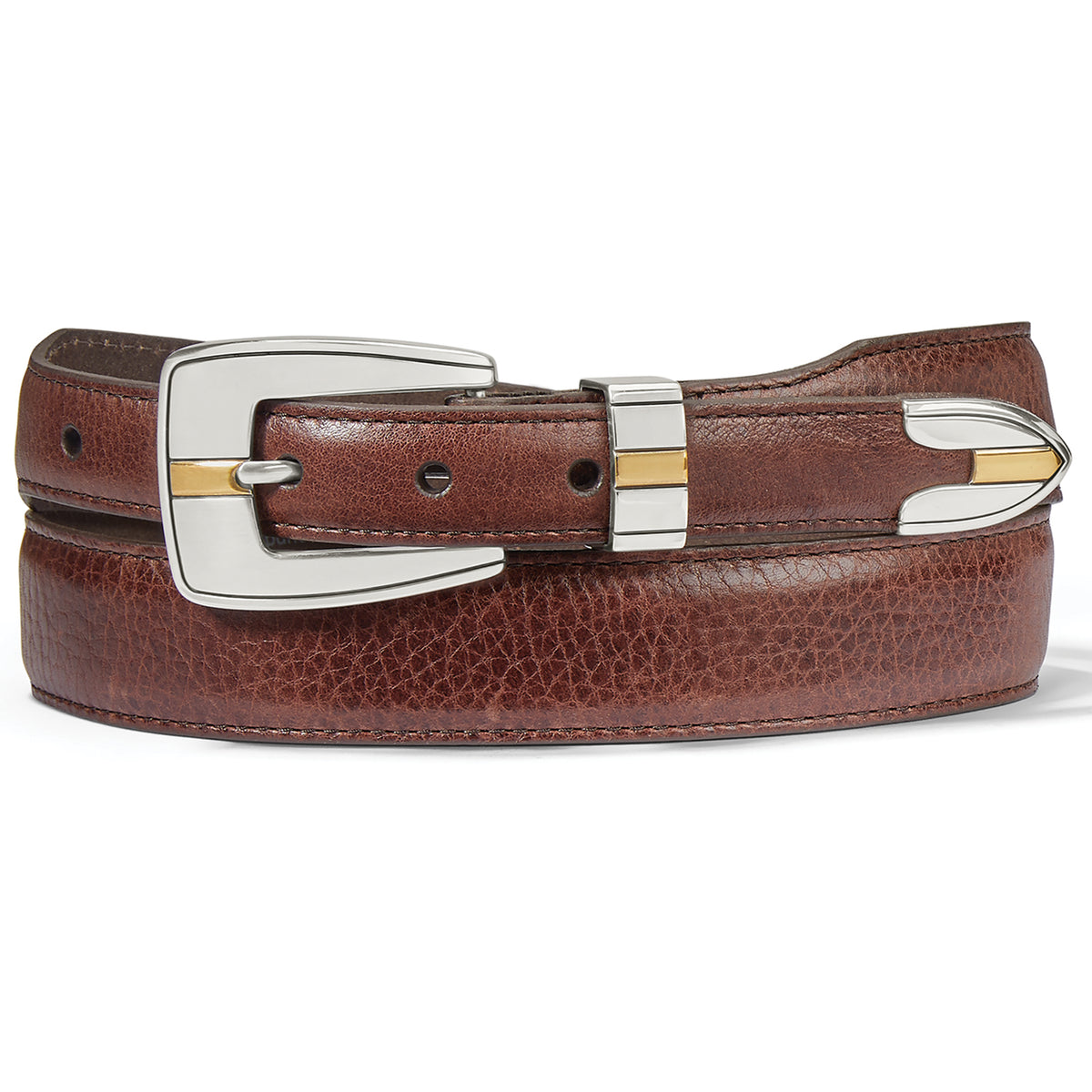 Brighton brown leather belt with silver-tone buckle, keeper, and tip featuring gold accents on a white background