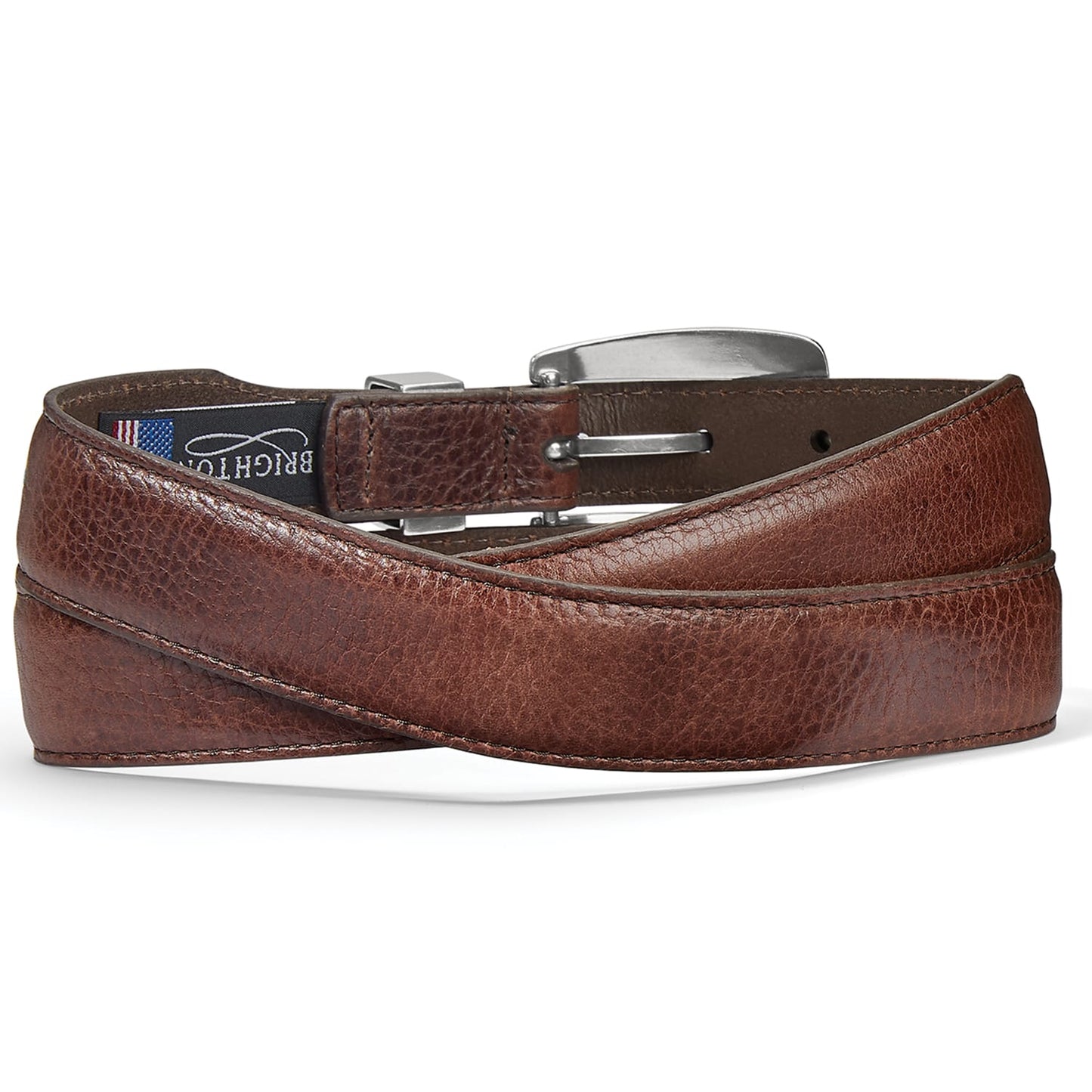 Brighton brown leather belt with textured finish, silver-tone buckle, and branded keeper loop on a white background