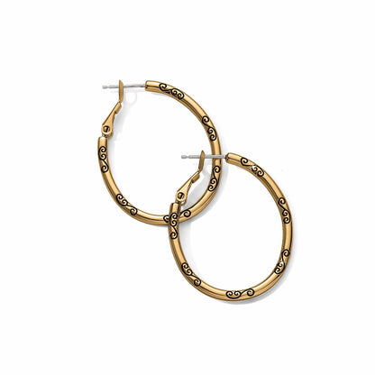 Brighton hoop earrings in gold-plated finish with engraved scroll swirl detailing along the bands on a white background