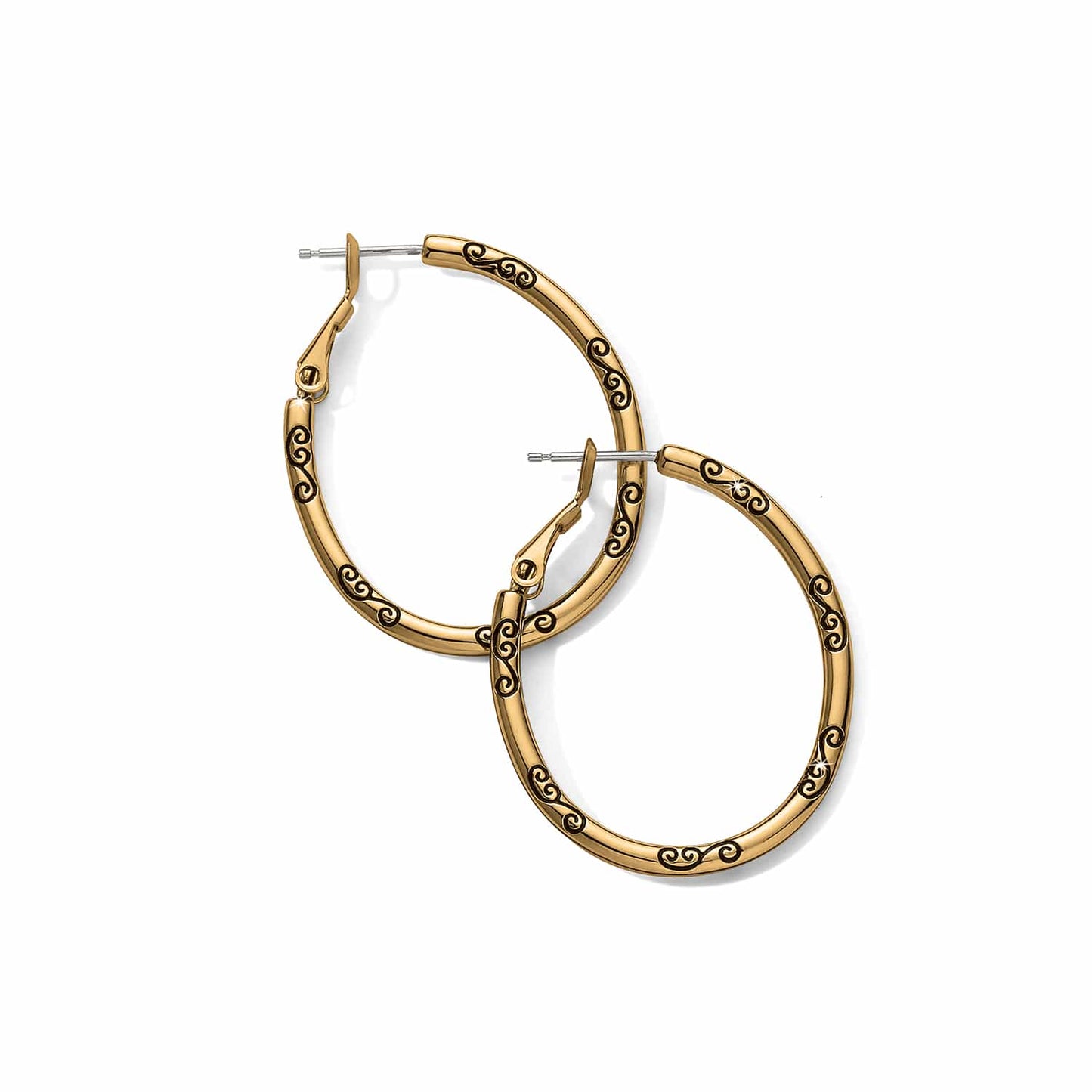 Brighton hoop earrings in gold-plated finish with engraved scroll swirl detailing along the bands on a white background