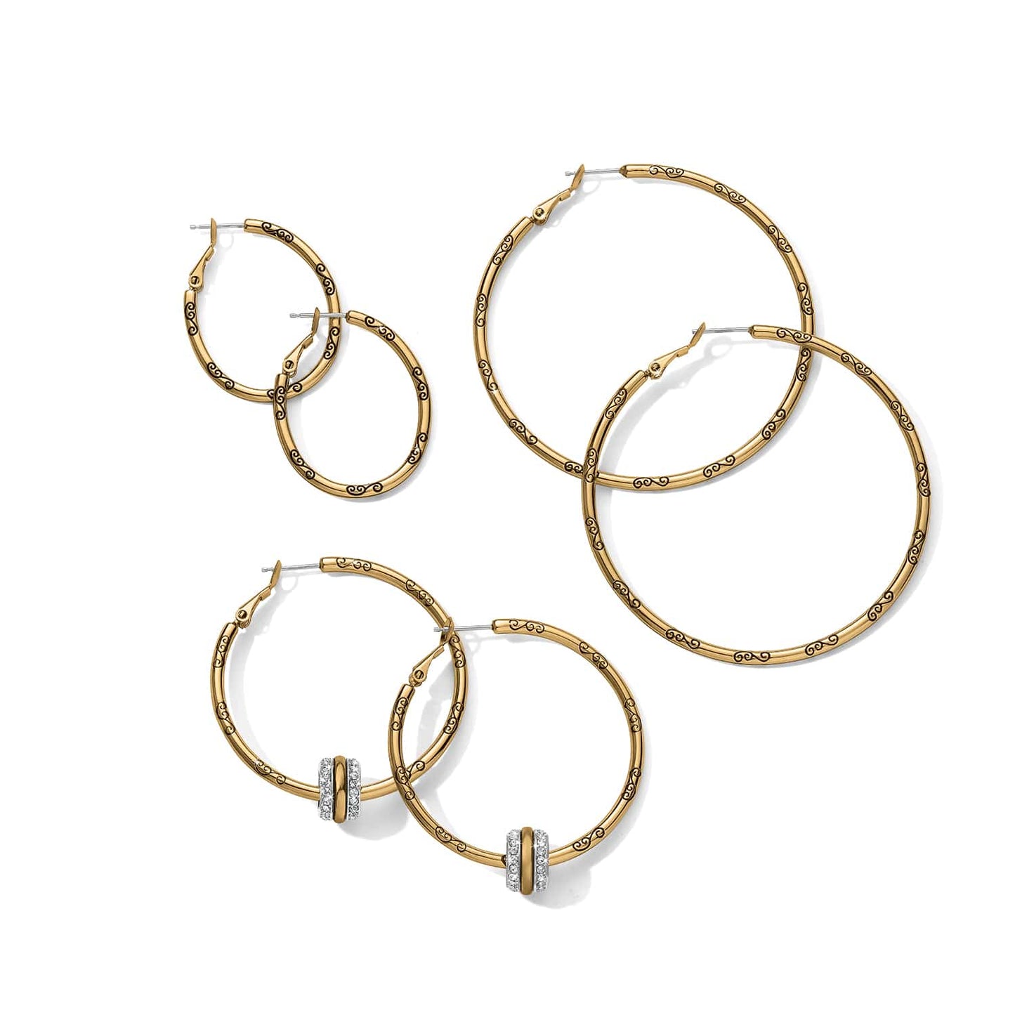 Brighton hoop earrings in three sizes with gold-plated scroll engraving and crystal-accented sliders on a white background