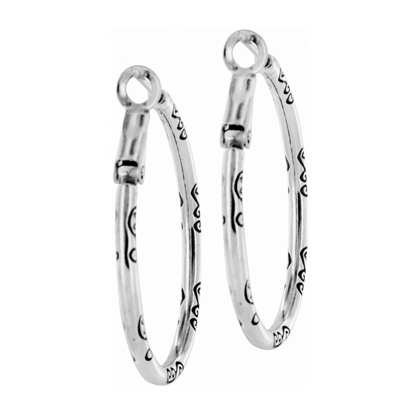 Brighton hoop earrings with silver-plated finish and engraved scroll pattern detailing along the hoops on a white background