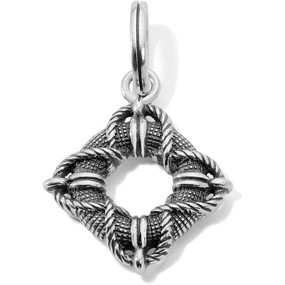 Brighton silver-plated charm with diamond-shaped rope-twist openwork frame and split ring on a white background