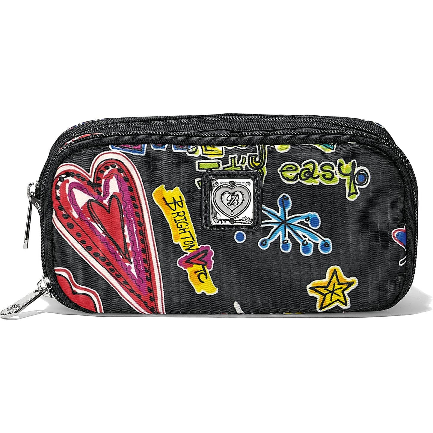 Brighton pouch with graphic print of hearts, stars, and text on black fabric with zipper on a white background