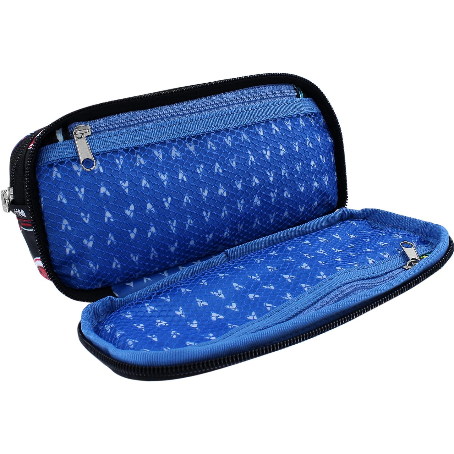 Brighton pencil case shown open with blue mesh interior pockets and dual zipper compartments on a white background