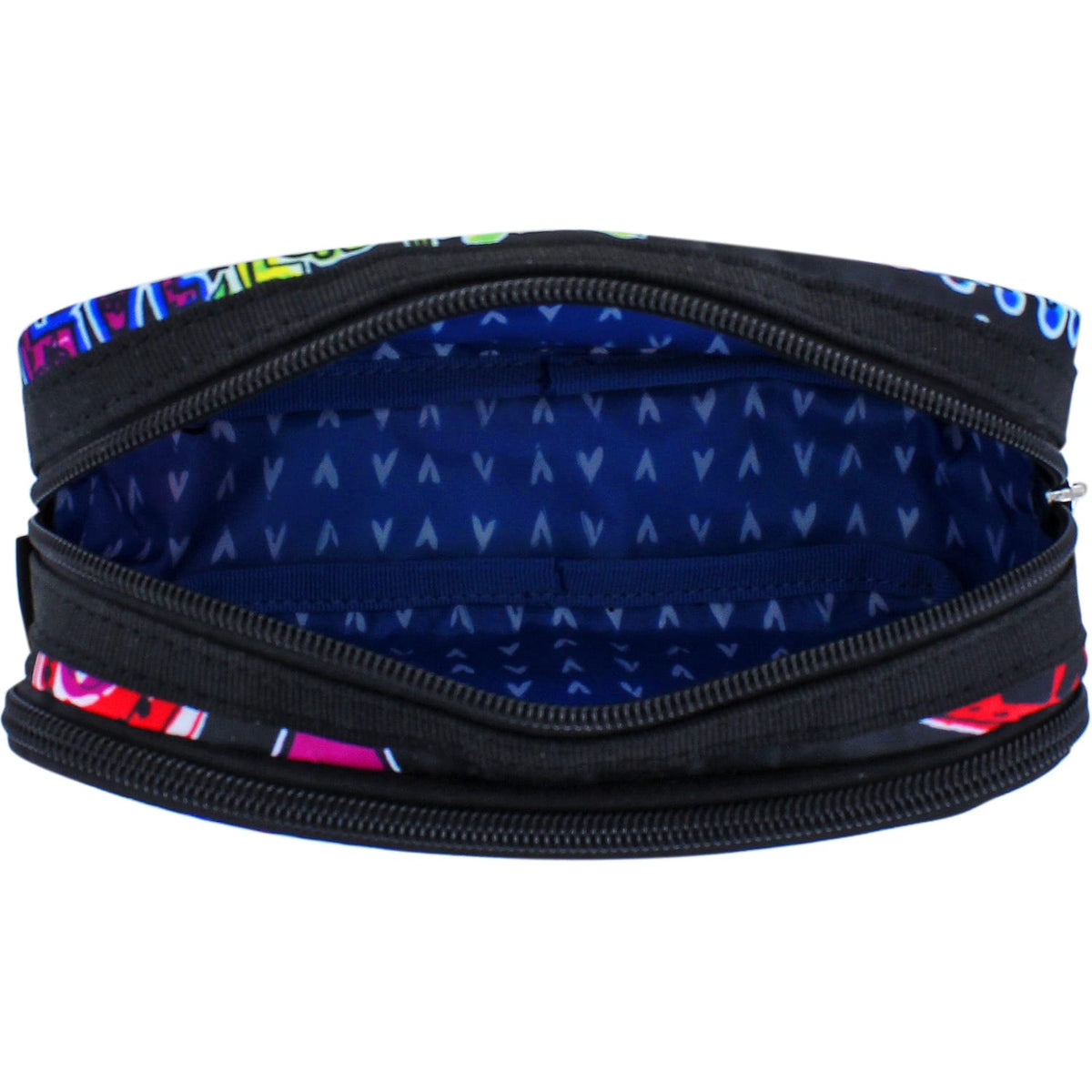 Close-up of Brighton pouch interior with blue heart-print lining and black zippered compartments shown open
