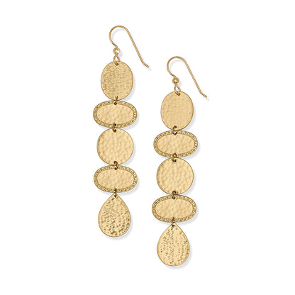 Brighton drop earrings with hammered gold-plated oval, round, and teardrop discs linked in tiers on a white background