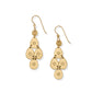 Brighton chandelier drop earrings with gold-plated hammered teardrop charms and engraved star motifs on a white background