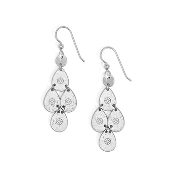 Brighton chandelier drop earrings with silver-plated hammered teardrop charms and star motifs on a white background