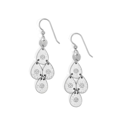 Brighton chandelier drop earrings with silver-plated hammered teardrop charms and star motifs on a white background