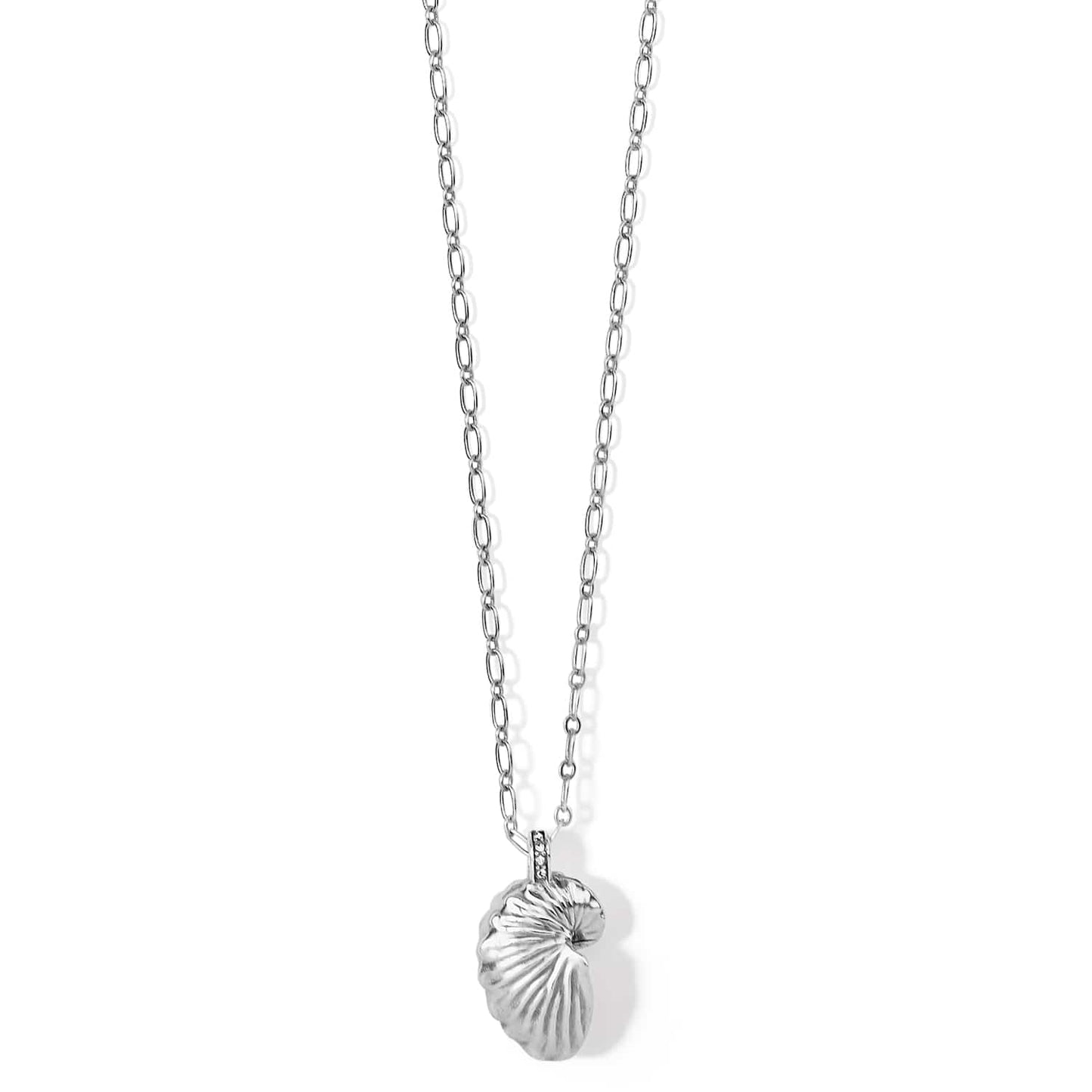 Brighton pendant necklace with silver-plated shell charm and crystal accented bail on a white background