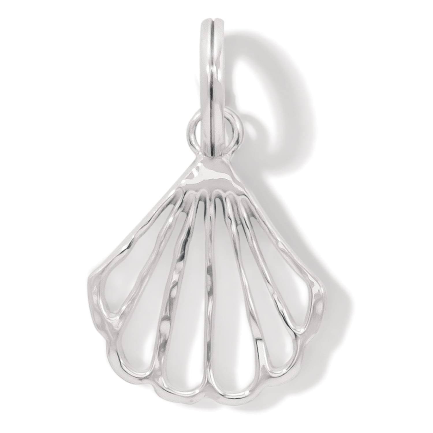 Brighton seashell charm with silver-plated openwork fan design and polished bail loop on a white background