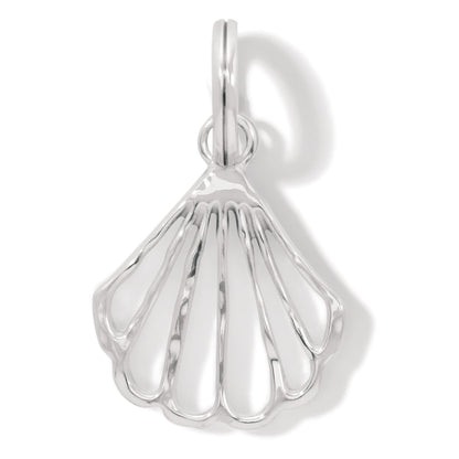 Brighton seashell charm with silver-plated openwork fan design and polished bail loop on a white background