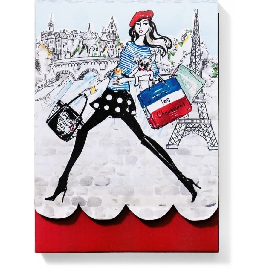 Brighton decorative canvas with illustrated Parisian shopper, Eiffel Tower scene, and scalloped red base on a white background