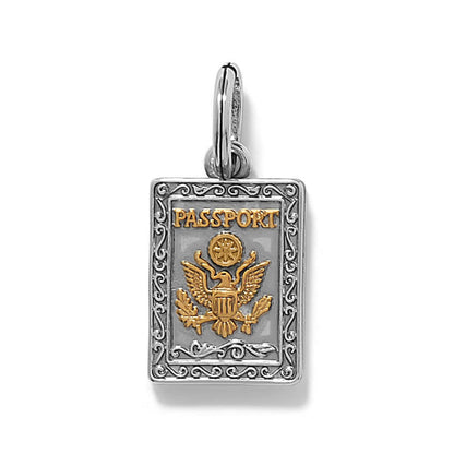 Brighton passport charm with gold-tone eagle emblem and silver-tone scrollwork border frame on a white background