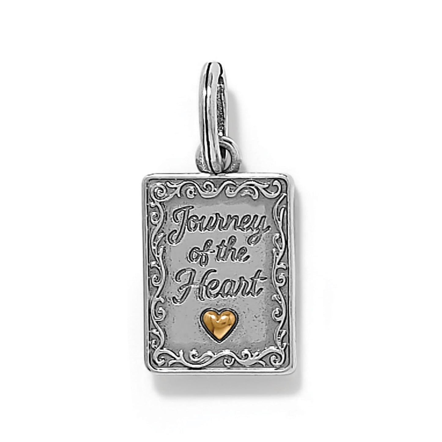 Brighton rectangular charm engraved with Journey of the Heart, scroll border, and gold-tone heart accent on a white background
