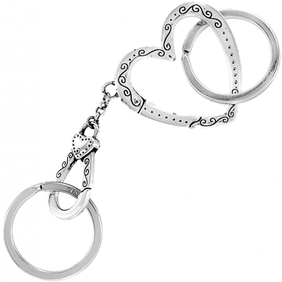 Brighton keychain with silver-plated heart-shaped ring, scroll engraving, lobster clasp, and split rings on a white background