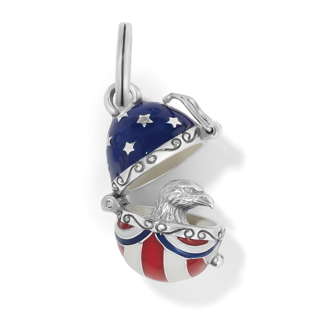 Brighton charm shown open revealing eagle head inside patriotic red white and blue enamel shell on white background