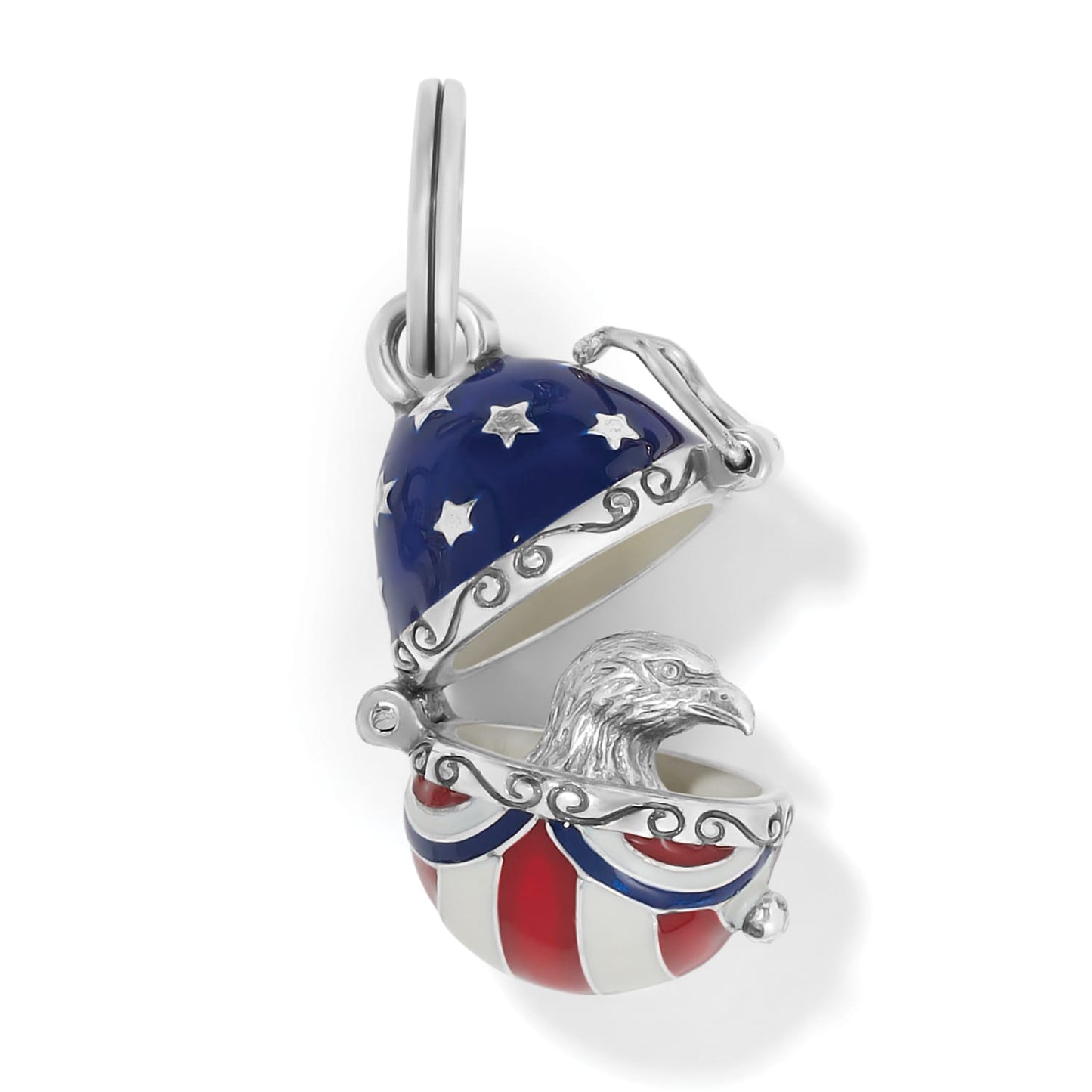 Brighton charm shown open revealing eagle head inside patriotic red white and blue enamel shell on white background