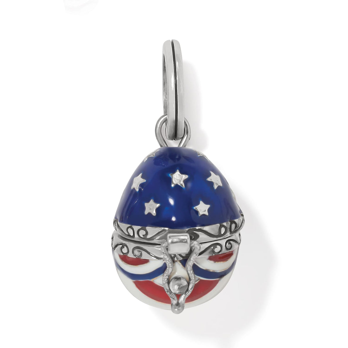 Brighton egg charm with blue enamel silver stars top and red white striped base on a white background