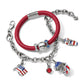 Brighton charm bracelets in red leather and silver-tone chain with patriotic flag, flip-flop, and eagle charms on a white background