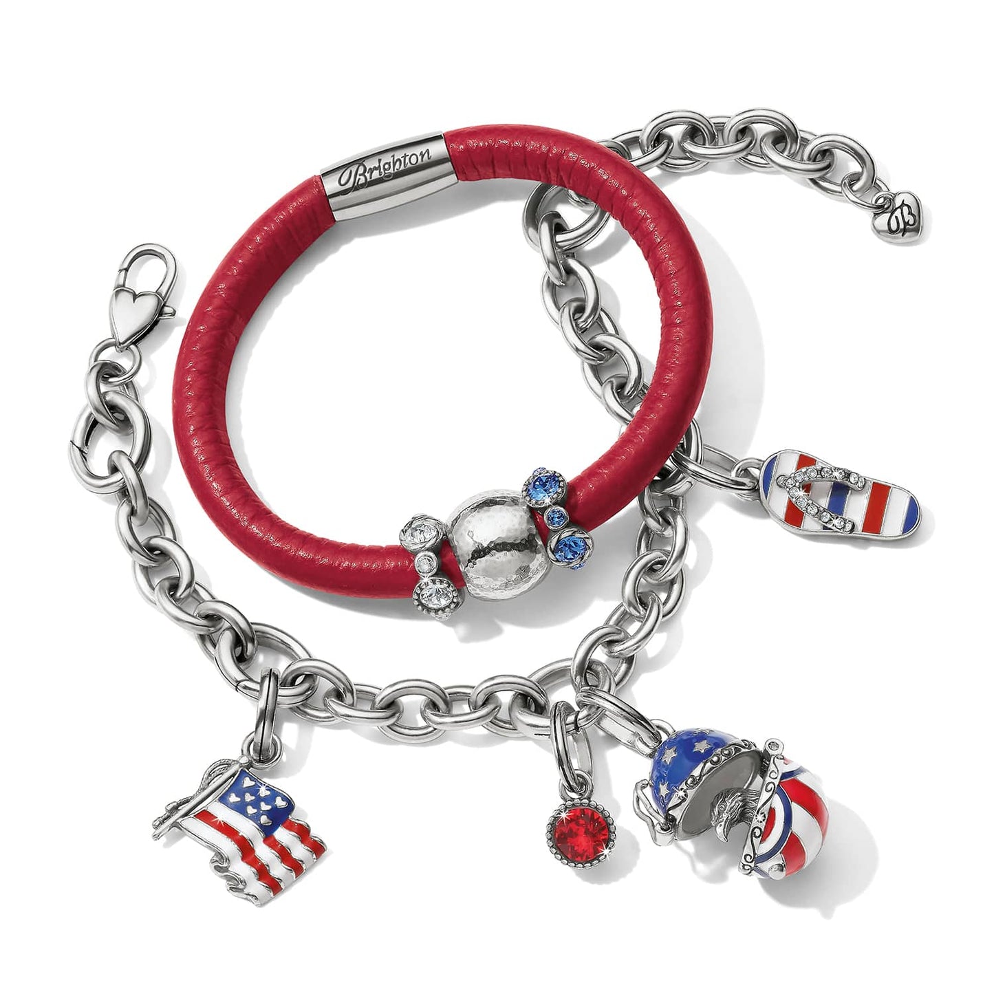 Brighton charm bracelets in red leather and silver-tone chain with patriotic flag, flip-flop, and eagle charms on a white background