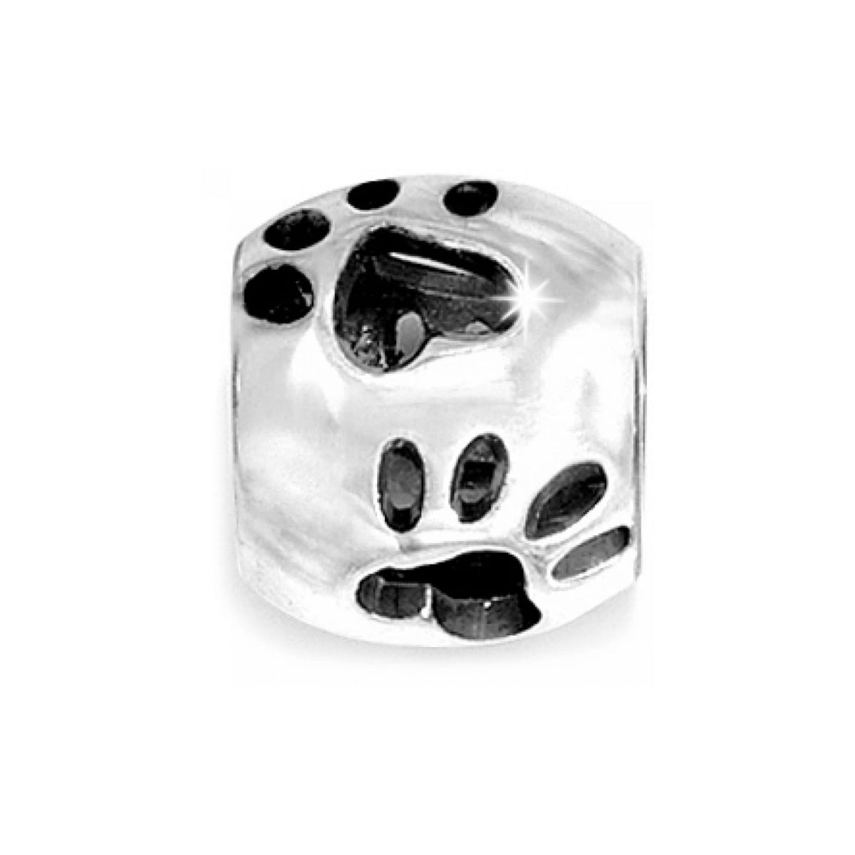 Brighton silver-plated charm bead with engraved paw print designs and polished finish on a white background
