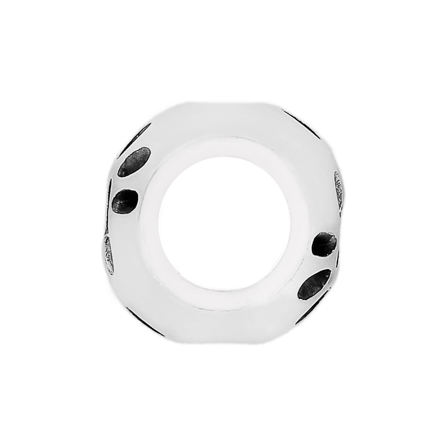 Brighton silver-plated spacer charm with rounded square shape and carved oval cutout details on a white background
