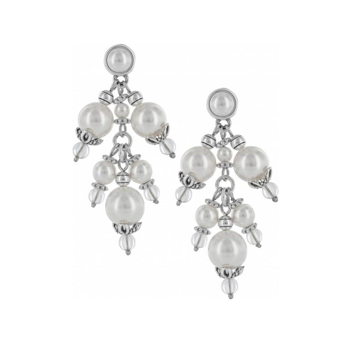 Brighton chandelier earrings with fine quality glass pearls, clear beads, and silver-plated accents on a white background
