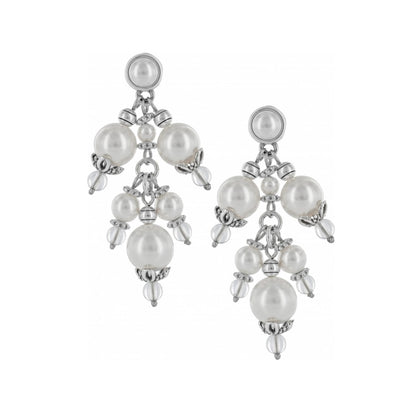 Brighton chandelier earrings with fine quality glass pearls, clear beads, and silver-plated accents on a white background