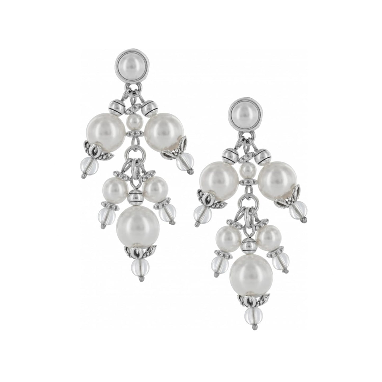 Brighton chandelier earrings with fine quality glass pearls, clear beads, and silver-plated accents on a white background